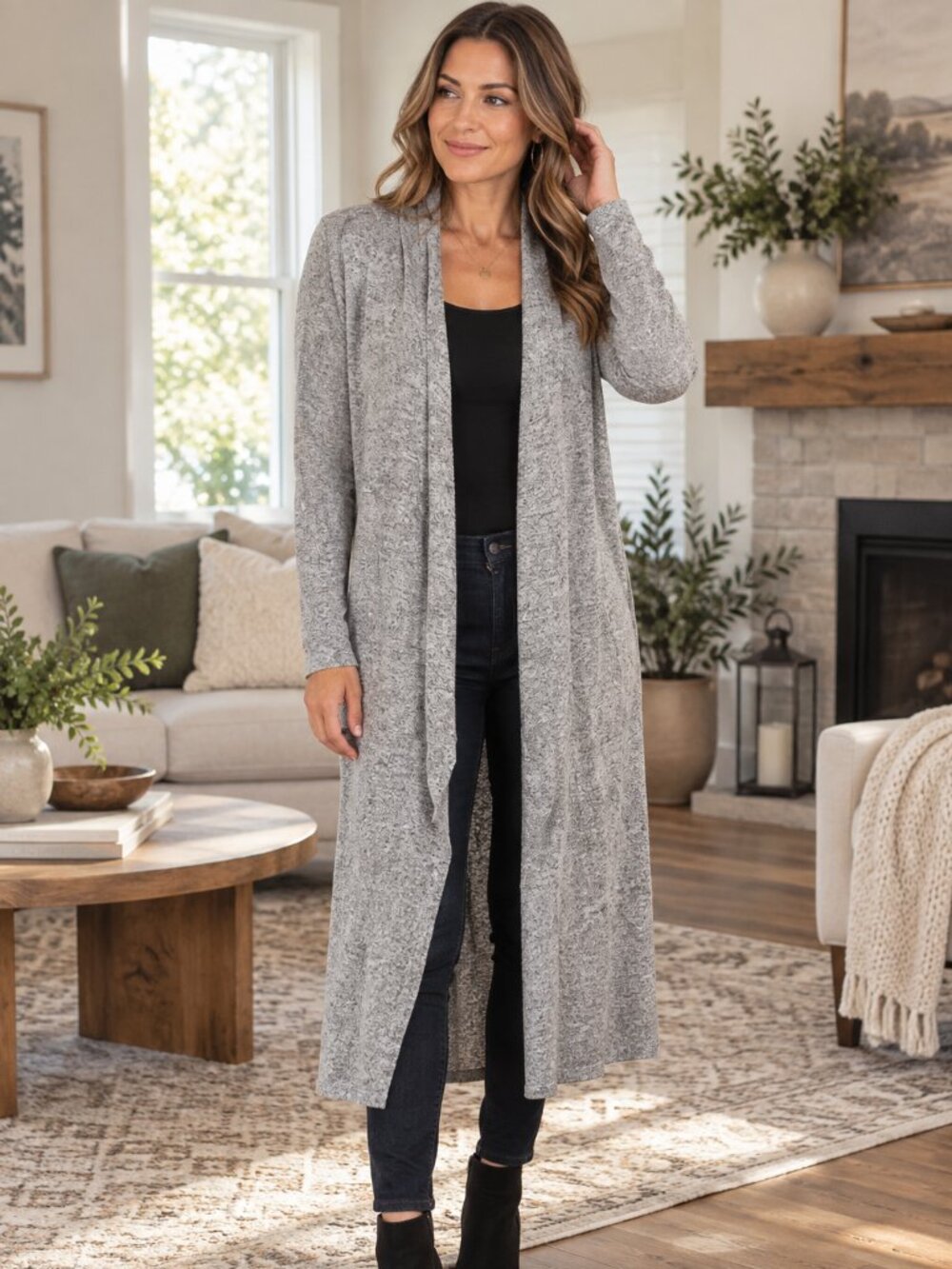 WHBM Soft Heather Grey Long Warm Duster Cardigan Sweater Cottage Layering Small